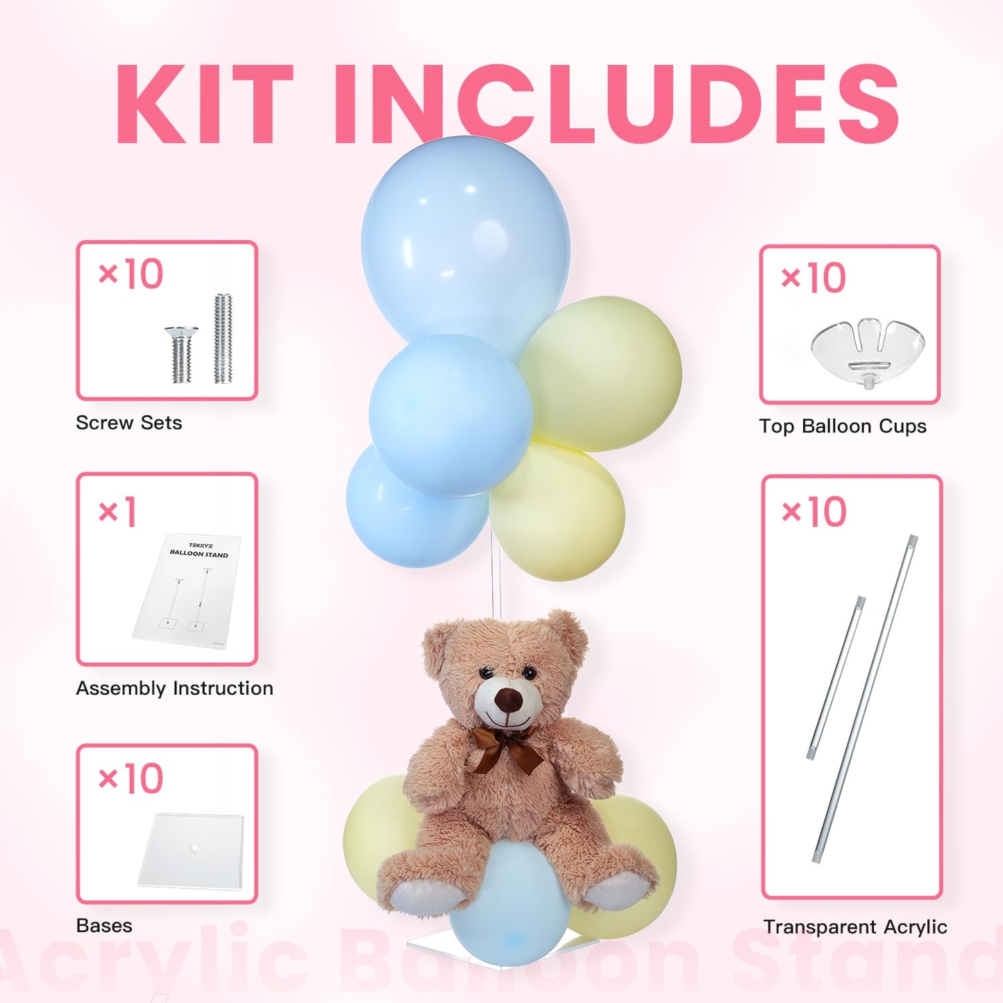 TEKXYZ Clear Acrylic Balloon Stands for Table, Adjustable Height 15.75 Inch, 23.6 Inch, 31.5 Inch Reusable Balloon centerpieces for Tables, for Wedding, Birthdays Table& Floor Decor (Set of 10)