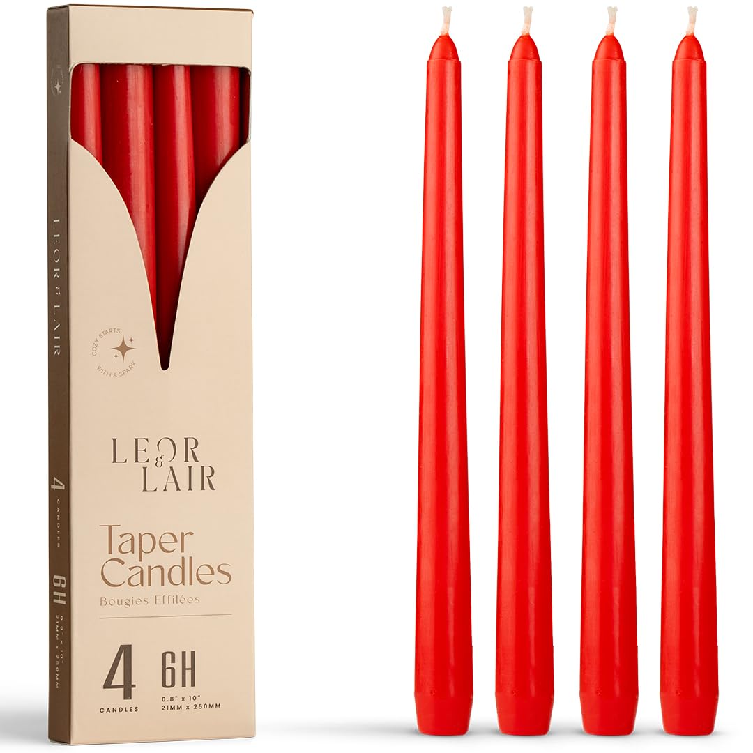 Leor & Lair Red Taper Candles - 4 Pack 10" Christmas Candlesticks - Unscented Long Burning Red Candles for Valentine’s Day, Christmas, Dinner Table, Weddings, Restaurants & Business Events
