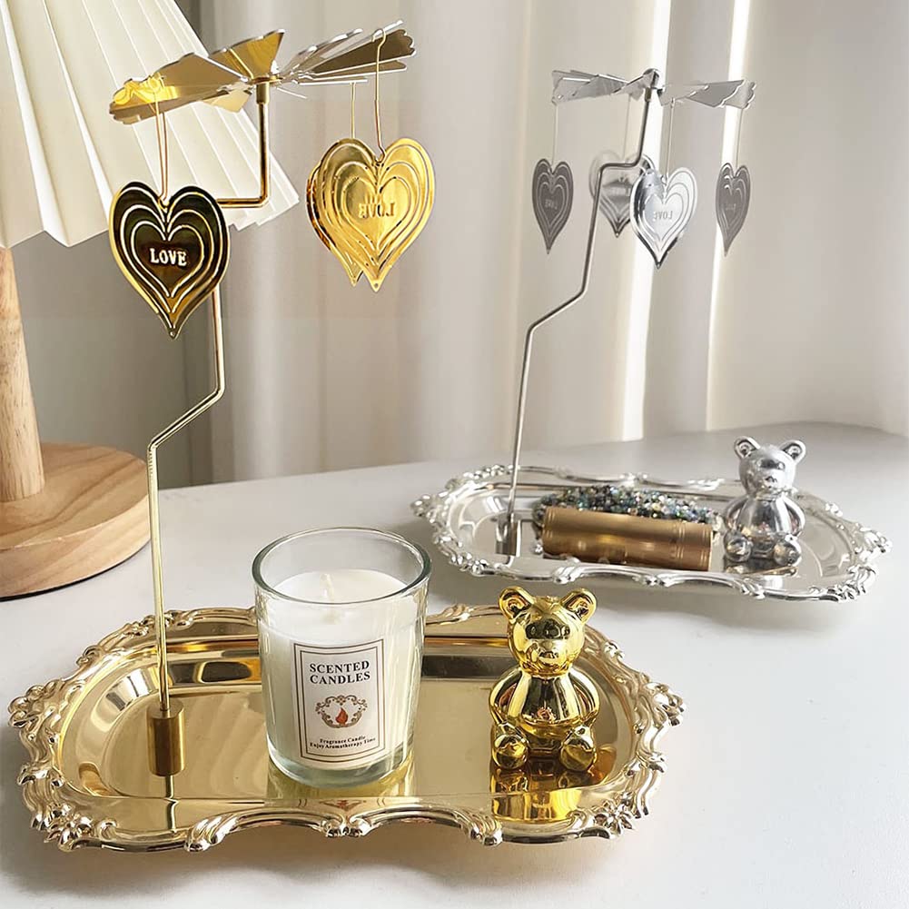 Candle Spinner Spinning Candle Holder with Tray and Bear Accessories, Gold Tea Lights Candle Holder for Table Decoration, Christmas, Valentine's Day, Party Decoration (Love)