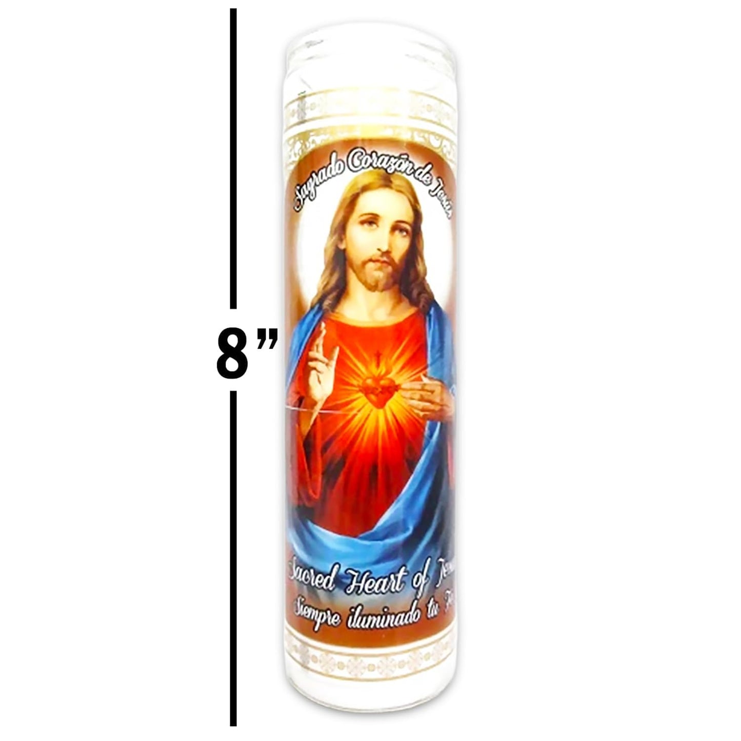 6 Pack Sacred Heart of Jesus White Religious Candles - Bundle with 8" Corazon De Jesus Glass Devotional Candles for Vigils, Prayers, Blessing Ceremonies, More