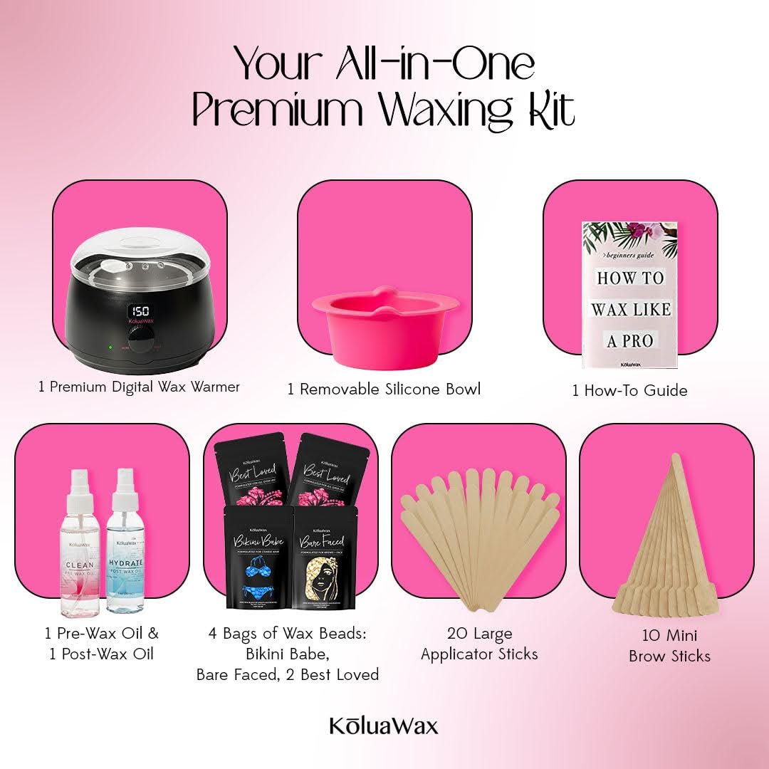 KoluaWax Premium Waxing Kit for Women - Beginner Friendly - Complete Wax Kit that includes 14oz of Wax Beads, Applicator, Pre and Post Care, Suitable for Sensitive Skin (Black) - Mothers Day Gifts