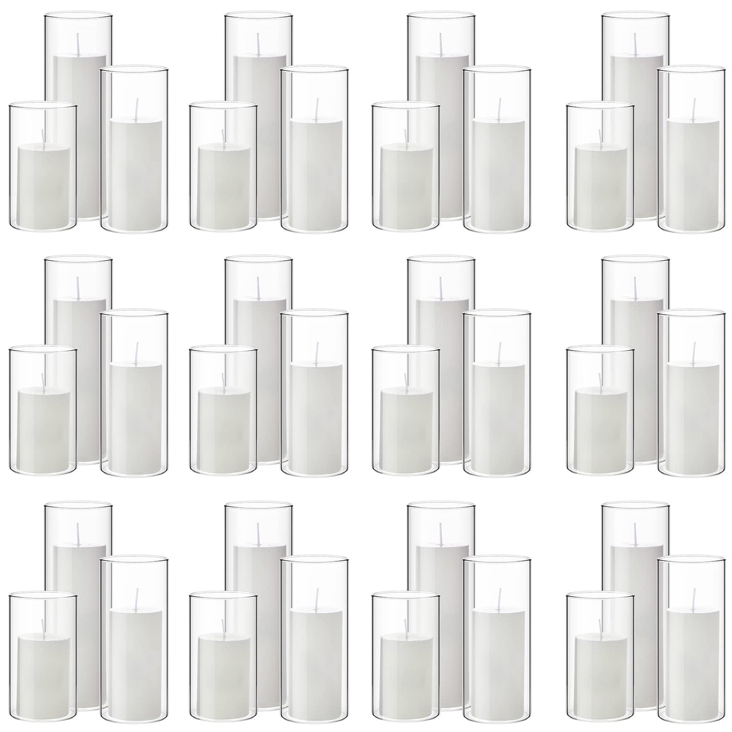 Shihanee Set of 36 Pillar Candles and Glass Cylinder Vases Clear Cylinder Holders for Slim Pillar Candles Wedding Centerpieces(2.6'' X 4.7'', 5.9'', 7.9'',White)