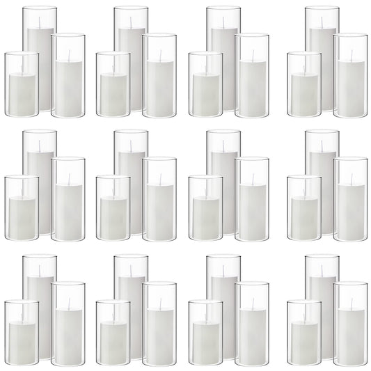 Shihanee Set of 36 Pillar Candles and Glass Cylinder Vases Clear Cylinder Holders for Slim Pillar Candles Wedding Centerpieces(2.6'' X 4.7'', 5.9'', 7.9'',White)