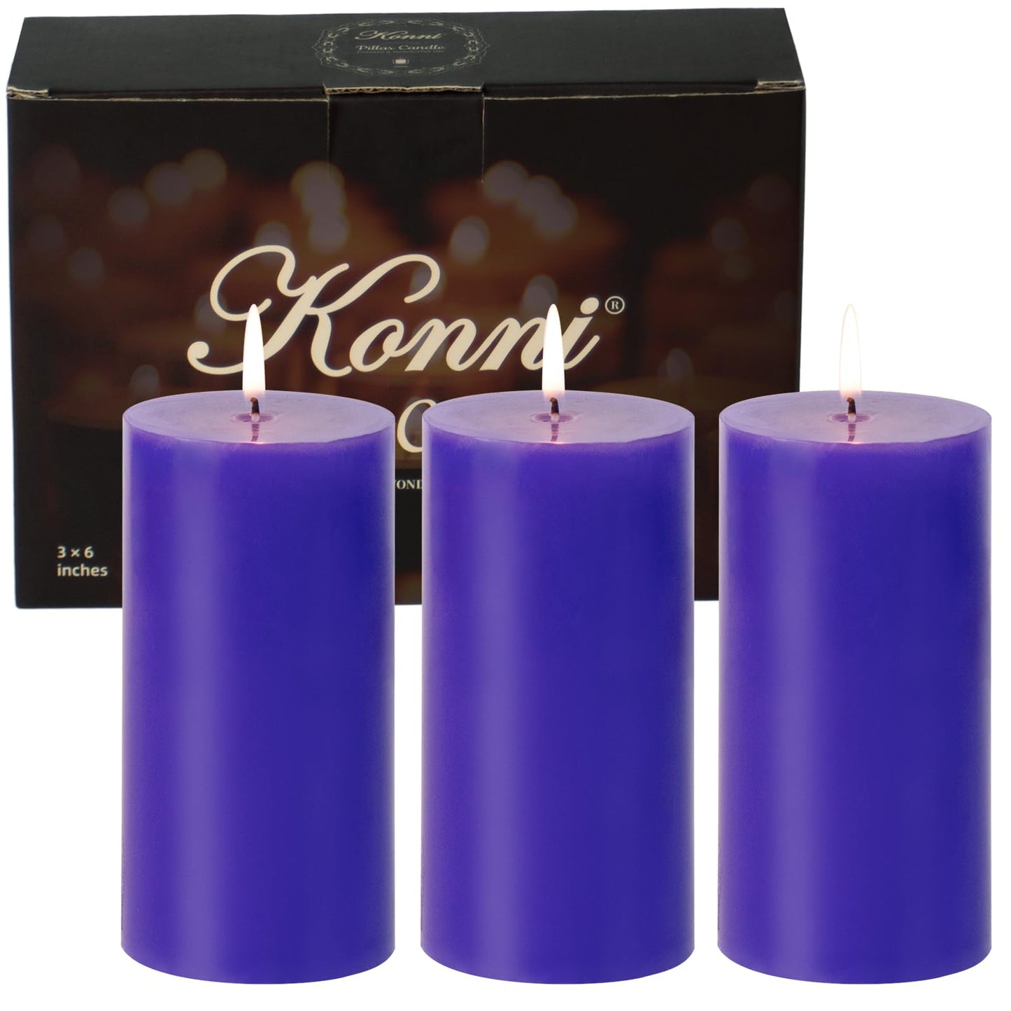 KONNI Violet Pillar Candles Set of 3, 3"x 6" Unscented Pillar Candles Bulk, 56 Hours Long Burning Candles, Smokeless and Dripless Large Round Candle for Wedding, Home Decoration, Parties, Spas, Dinner