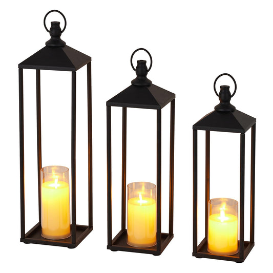 GarveeHome 13" 17" 20" Black Candle Lanterns, Metal Decorative Lanterns for Outdoor & Indoor with Flameless LED Candles, Halloween & Christmas Use Modern Patio Porch Garden Floor Decor