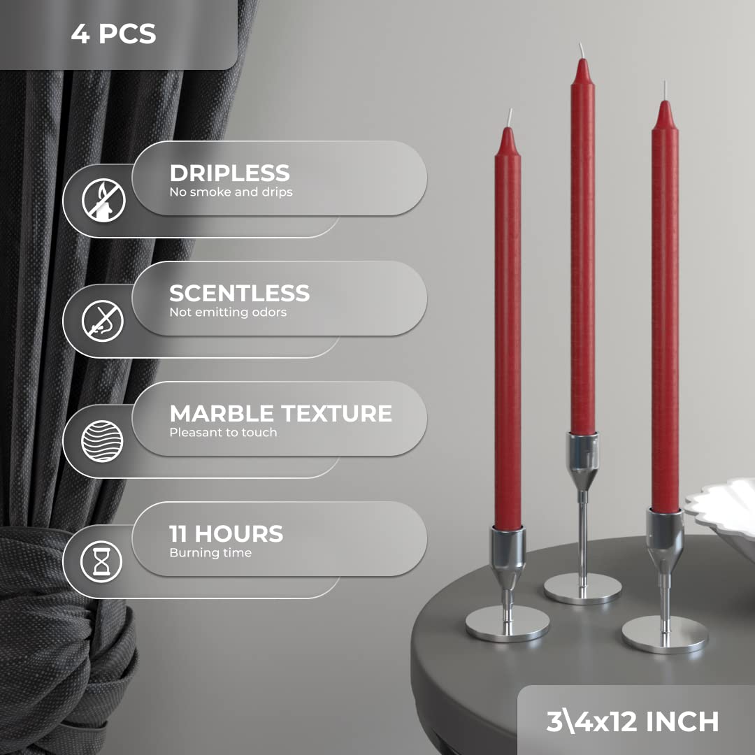 CANDWAX Bordeaux Taper Candles Pack of 4 - Slow Burning Dripless Unscented Straight Candles 12 inch - Ideal for Dinner Table - Smokeless Long Candlesticks