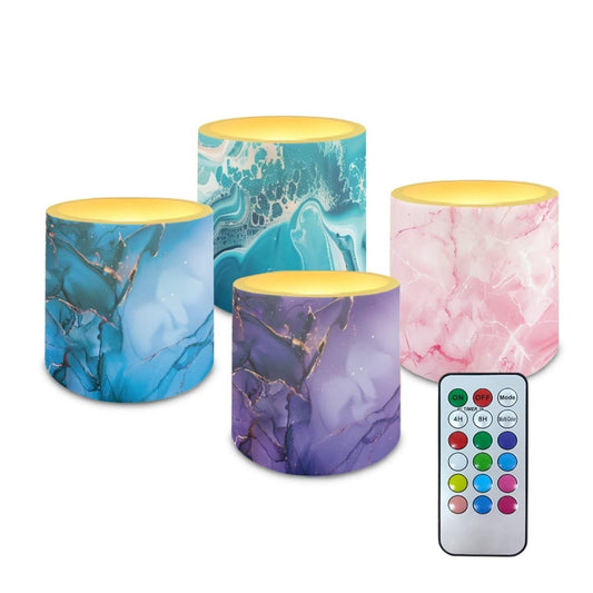 NETILGEN Colorful Marble Print 3 inch Decorative Flameless LED Candles with Remote Control Timer Set of 4 Battery Operated Candles for Home Party Decor