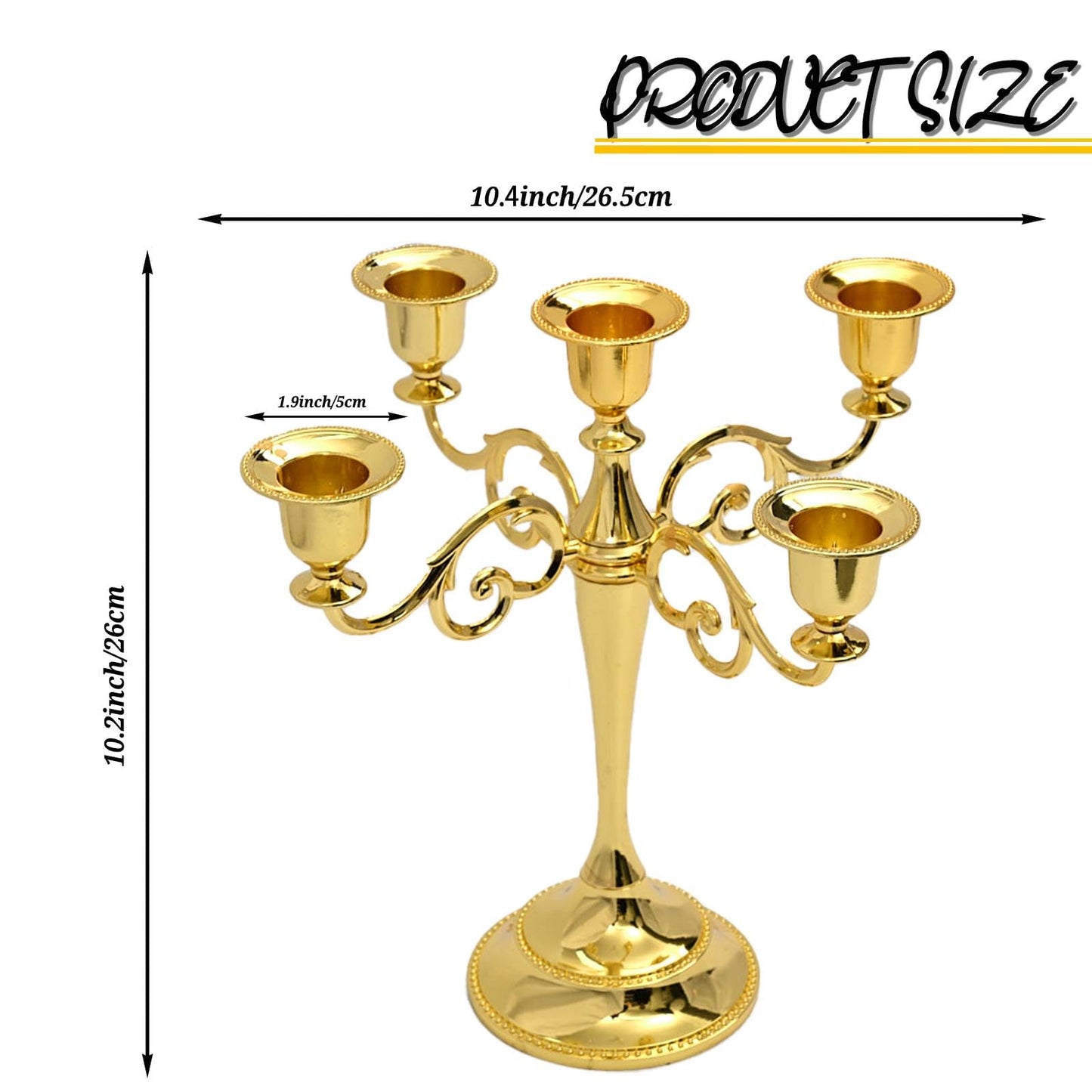 Gold 5 Arm Candelabra Candlestick 10.2 Inch Tall Metal Candle Holders Classic 5-arms Polished Taper Candle Holder Centerpieces for Home Decor Dining Tables Wedding Church Christmas Holiday Events