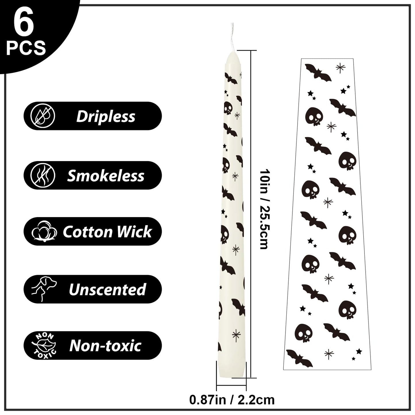 6 Pack Printed Taper Candle Set for Halloween Home Decoration, 10 Inch Ivory Candlesticks with Bat & Skull Pattern Pattern for Dinner Holiday Seasonal Celebration, Dripless and Smokeless Candles