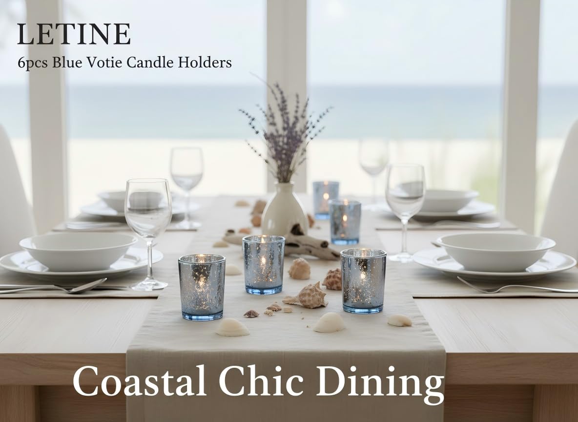 LETINE 6pcs Blue Votive Candle Holders – Standard Votive Size for Regular Votive Candles– Tea Light Candles Holder, Candle Holder for Summer Weddings, Waterfront Venues, Home Decor