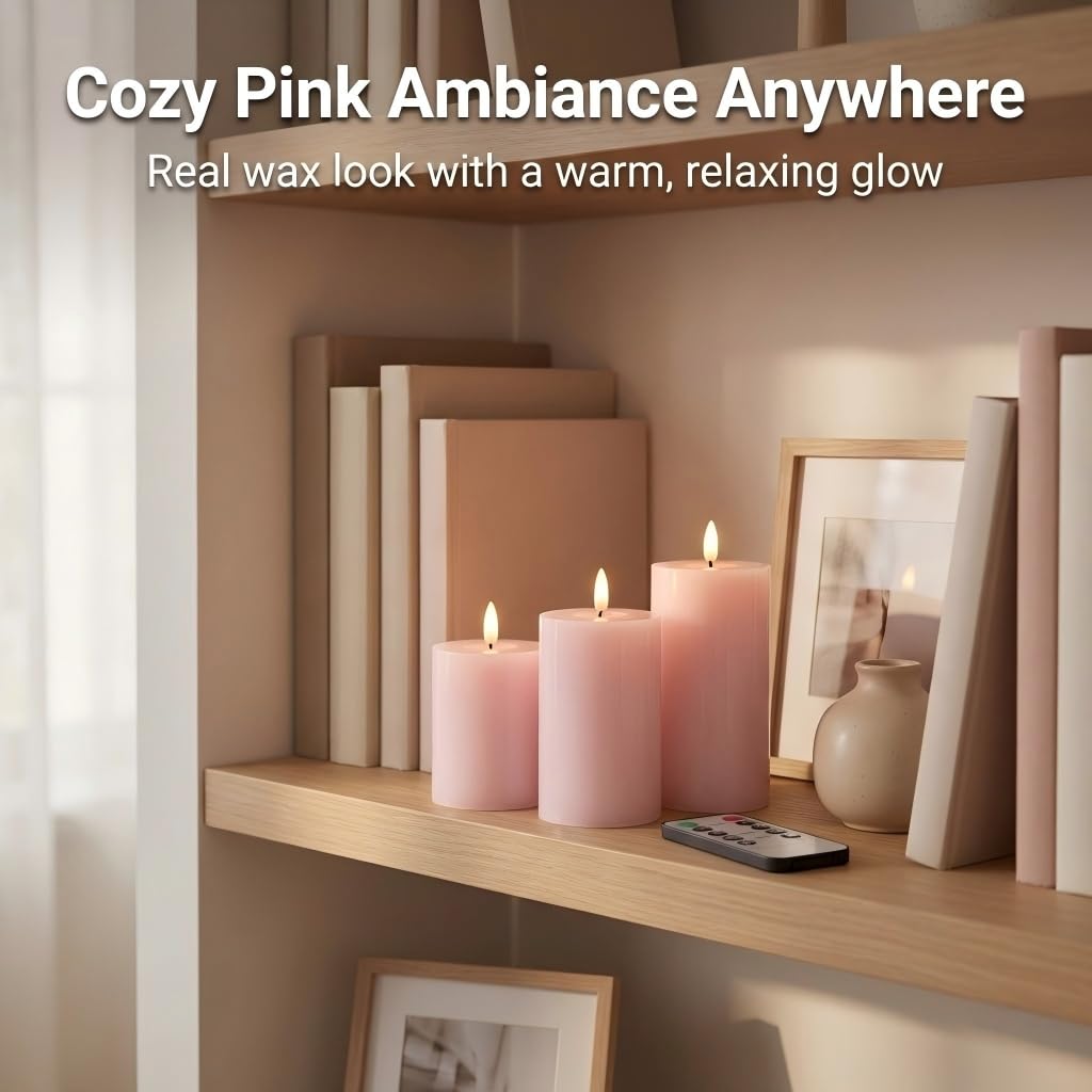 ANGELLOONG Pink Flameless Candles with Remote and Timer, Set of 3 Real Wax LED Pillar Candles Battery Operated Fake Candles for Pink Christmas Decor, Bedroom Bathroom