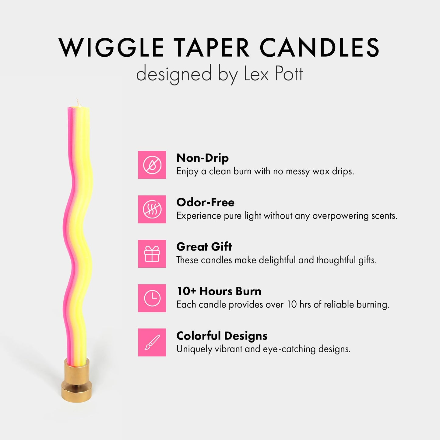 Wiggle Candles (2 Pack) - Joyful Dancing Design Taper Candlesticks | Bright Colors | 7/8” diam x 11” Length | Designed by Lex Pott | Made in USA (Yellow & Pink)