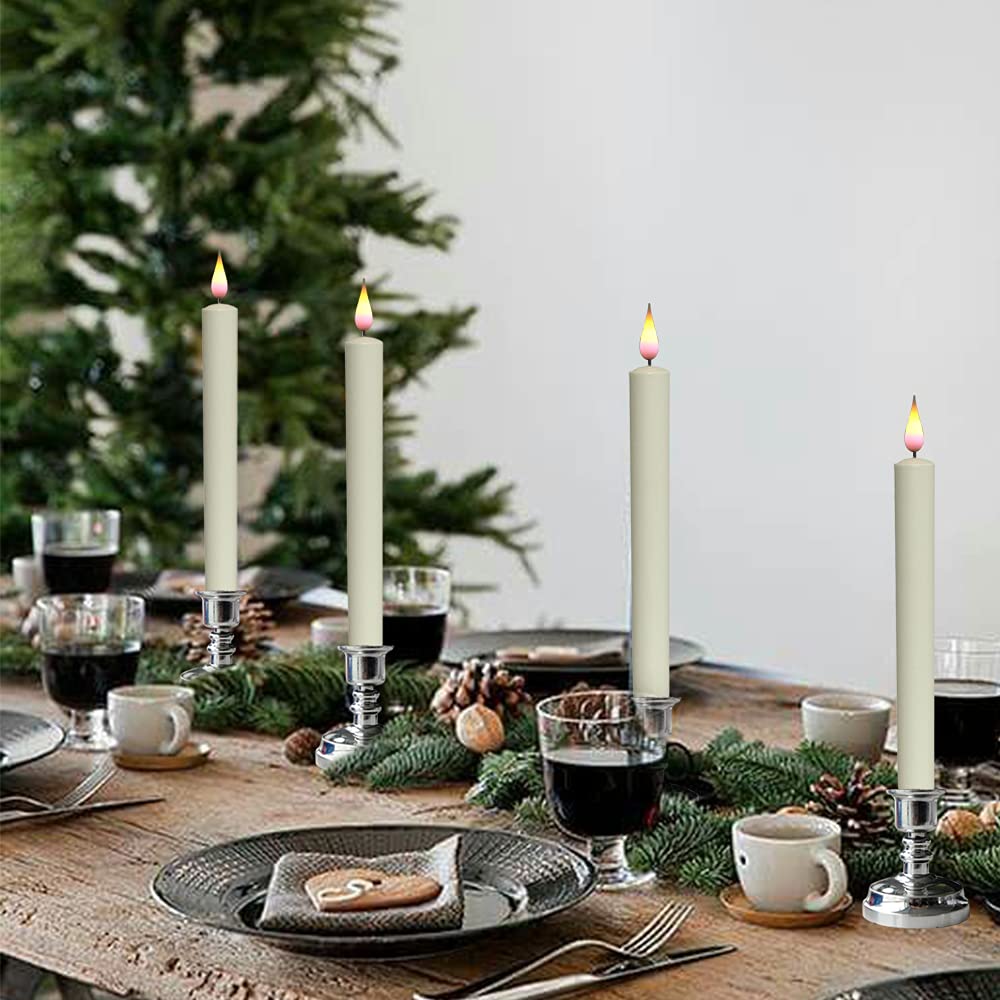 Wondise Window Candles Battery Operated with Remote and Timer, 3D Wick Ivory Taper Candles with Silver Holders and Suction Cups for Christmas Decoration, Set of 6(D0.8 x H10 inch)