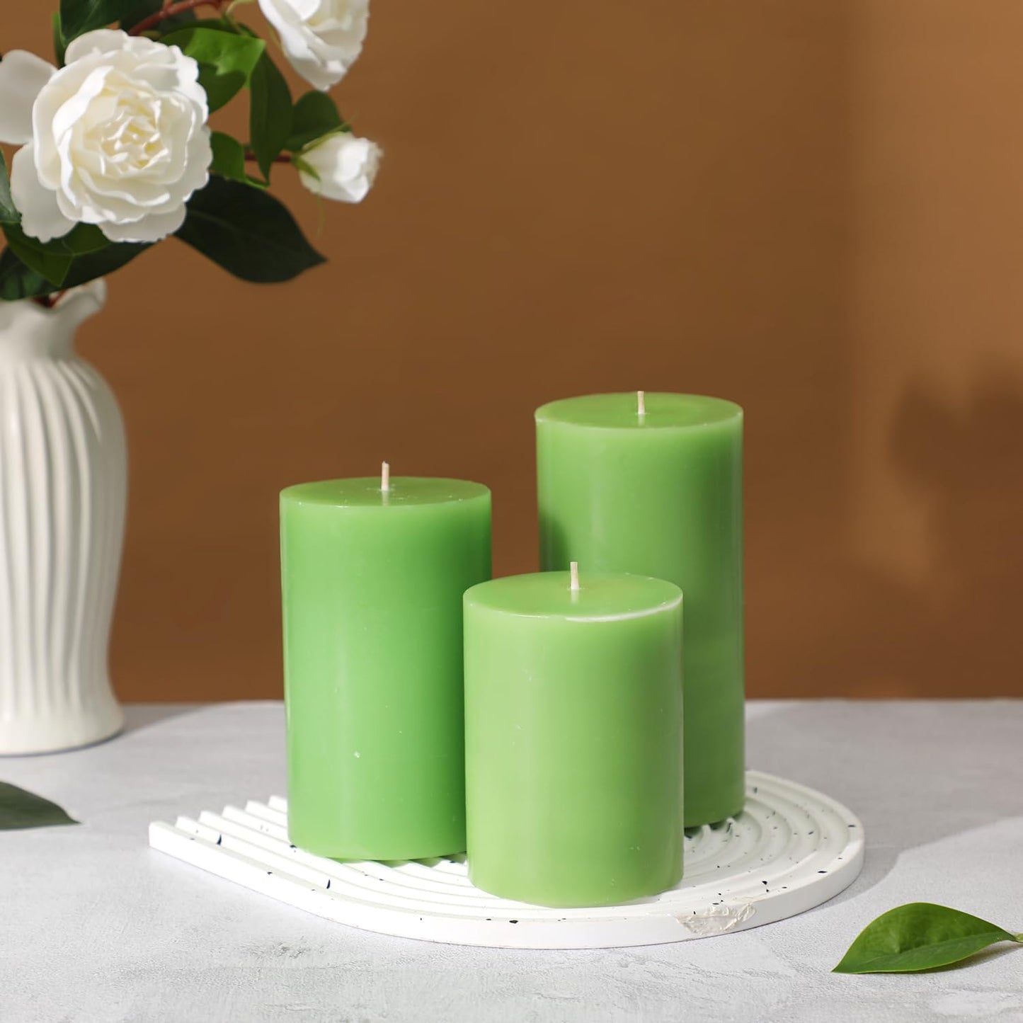 Green Pillar Candles Set of 3 - Spring Green Candles Decorations, Hand-Poured Unscented Candle, Smokeless Decorative Candle for Home, Set of 3 in Different Sizes (4", 5", 6")