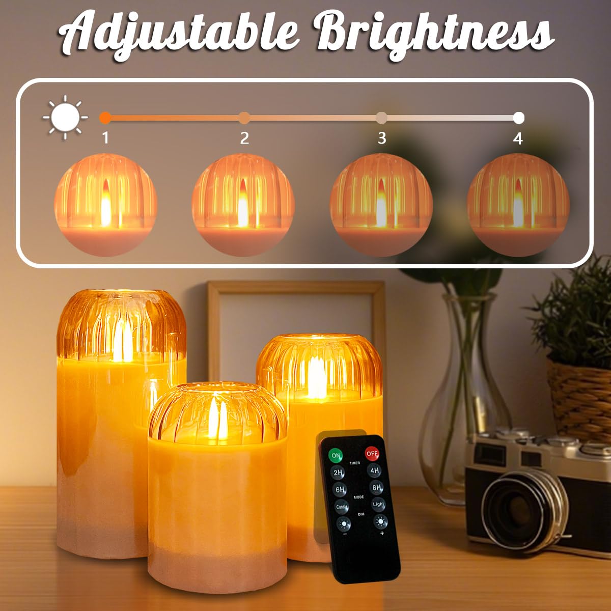 NICE POINT 3Pcs LED Candle Set Rechargeable with Remote Control,Gold Glass Flameless Candles,Candle Lights for Home Decor, Bedroom, Bathroom Accessories，Pumpkin Fake Candles for Halloween