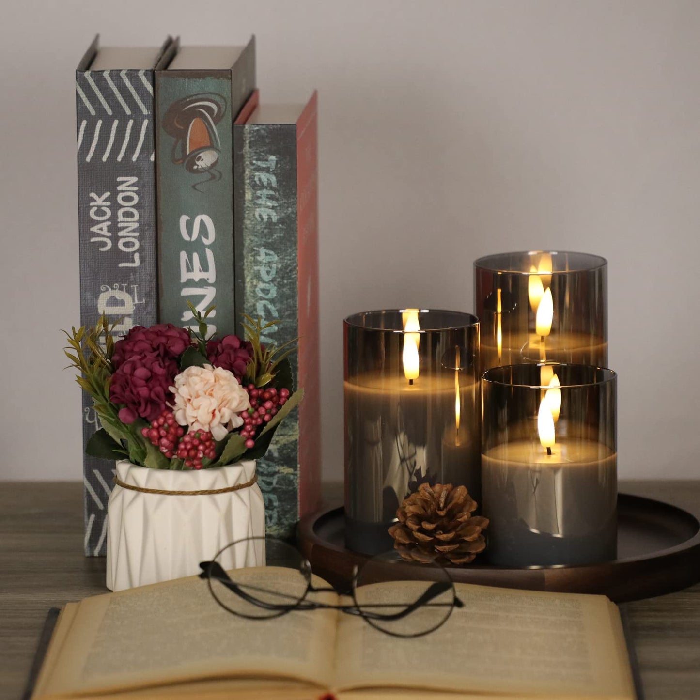 OWLZOO Set of 3 Gray Glass Flameless Candles Battery Operated with Timer and Remote, Flickering Glass LED Pillar Candles Battery Powered, Real Wax, D3 H4 5" 6"