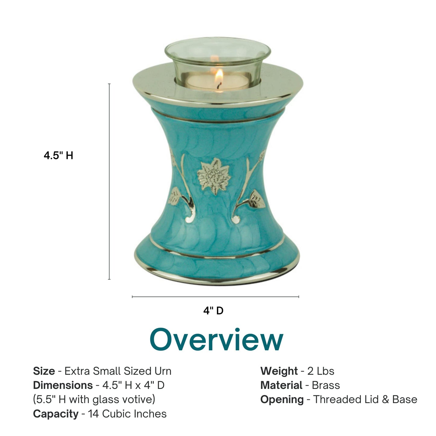 Grace Turquoise Tealight Cremation Urn for Ashes, Brass Memorial Candle, Blue Green, Extra Small Size, 5.5 Inches High