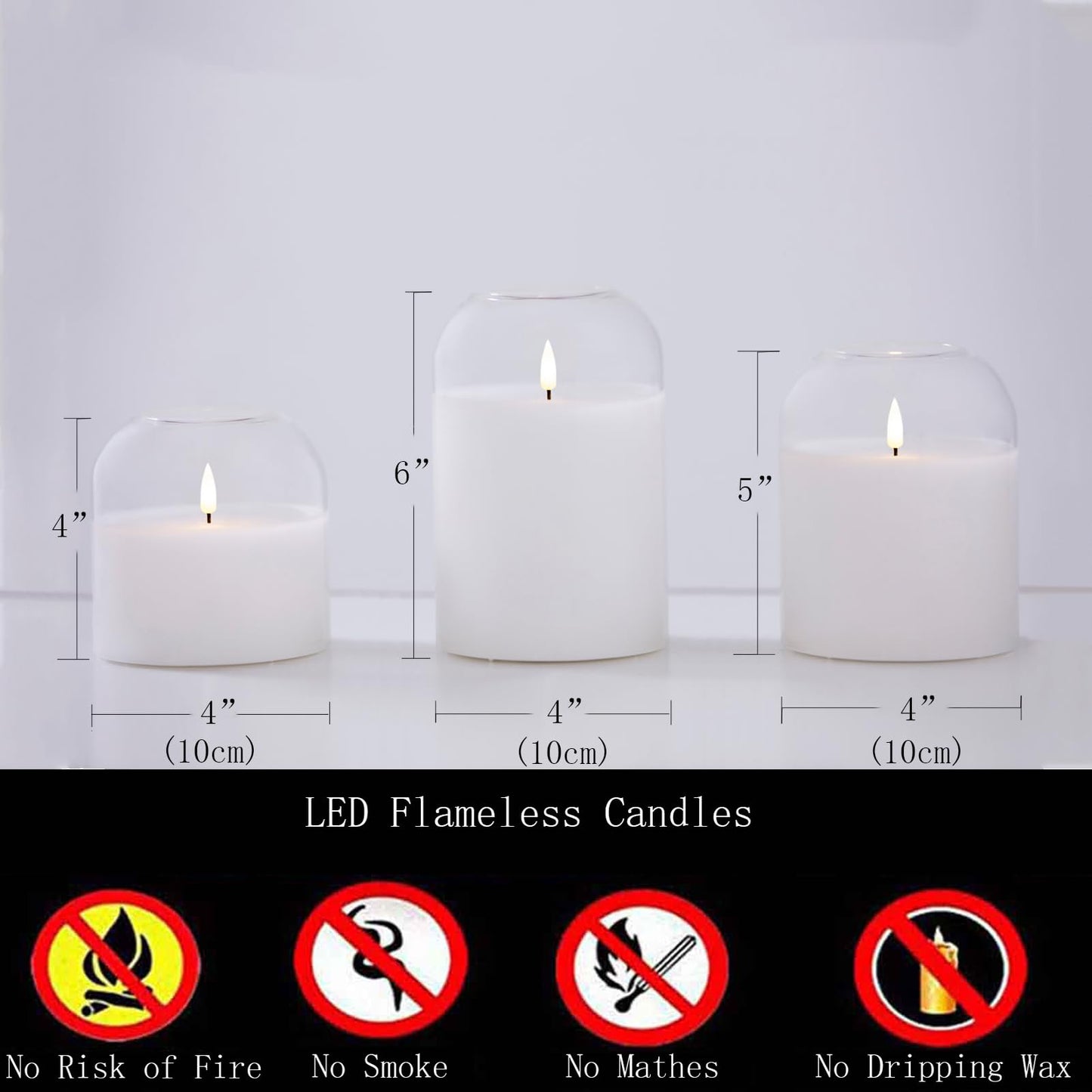 volnyus Clear Glass Flameless Candles with Remote Battery Operated Flickering LED Pillar Candles Real Wax Wick Φ 3"" H 4"" 5"" 6"", Gold