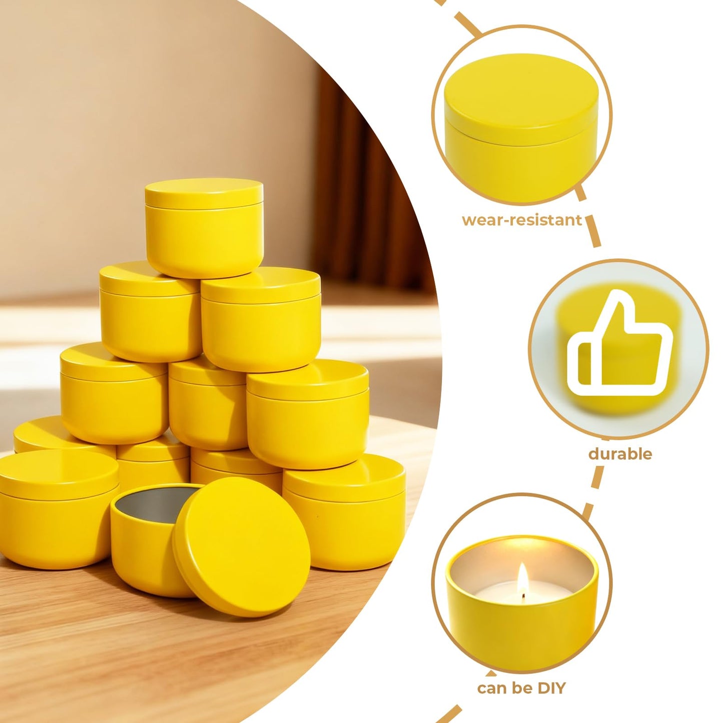 12Pack 3oz Candle Tins with Lids,Round Metal Candle Jars for Candle Making,Bulk Empty Tins Containers for DIY Crafts Christmas Gifts Small Business Supplies–Airtight Storage Jars (Yellow)