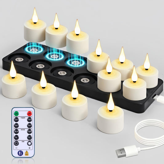 yunsheng Magnetic Rechargeable Tea Light Candles with Black Charging Base and Remote Timer, 12Pcs Battery Operated Tea Lights, LED Flameless Votive Candles for Home Wedding Party Decor(White)