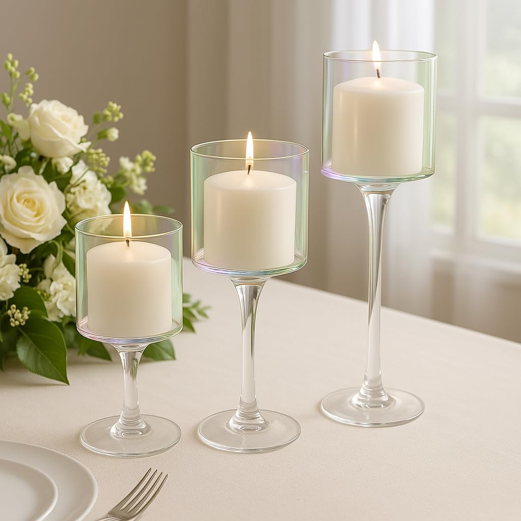 Koyal Wholesale Iridescent Glass Candle Holder Set of 3 Floating Candle Vases, Iridescent Wedding Decor Long Stem Floating Candle Holders, Wedding Sweetheart Table Votive Home Decor