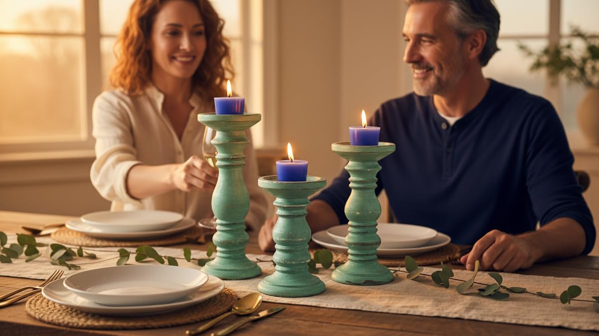 Wooden Pillar Candle Holders Set of 3, Pillar Candles,Gifts for Wedding,Party,Home, Candle Gardens Gifts - 10 Inch, 8 Inch, and 6 Inch (Green)