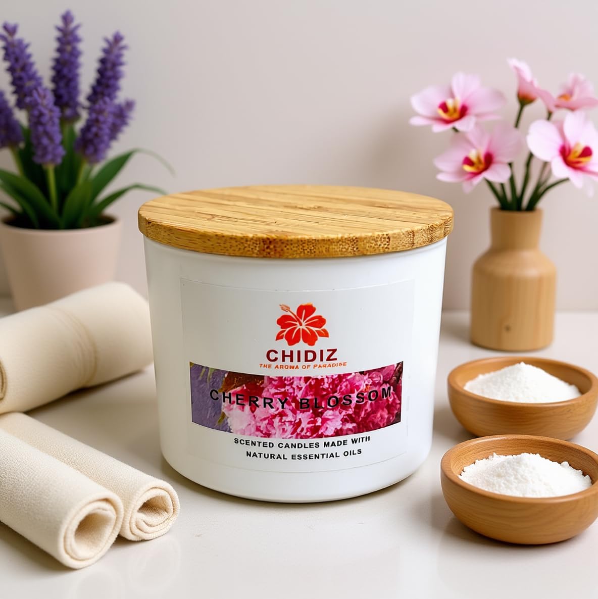 CHIDIZ Cherry Blossom Soy Scented Candles | Large 1 Wick Jar Candle | Up to 45 Hours Burning Time | Relaxing Aromatherapy Candles | Housewarming Gift for Women and Men (Medium, Cherry Blossom)