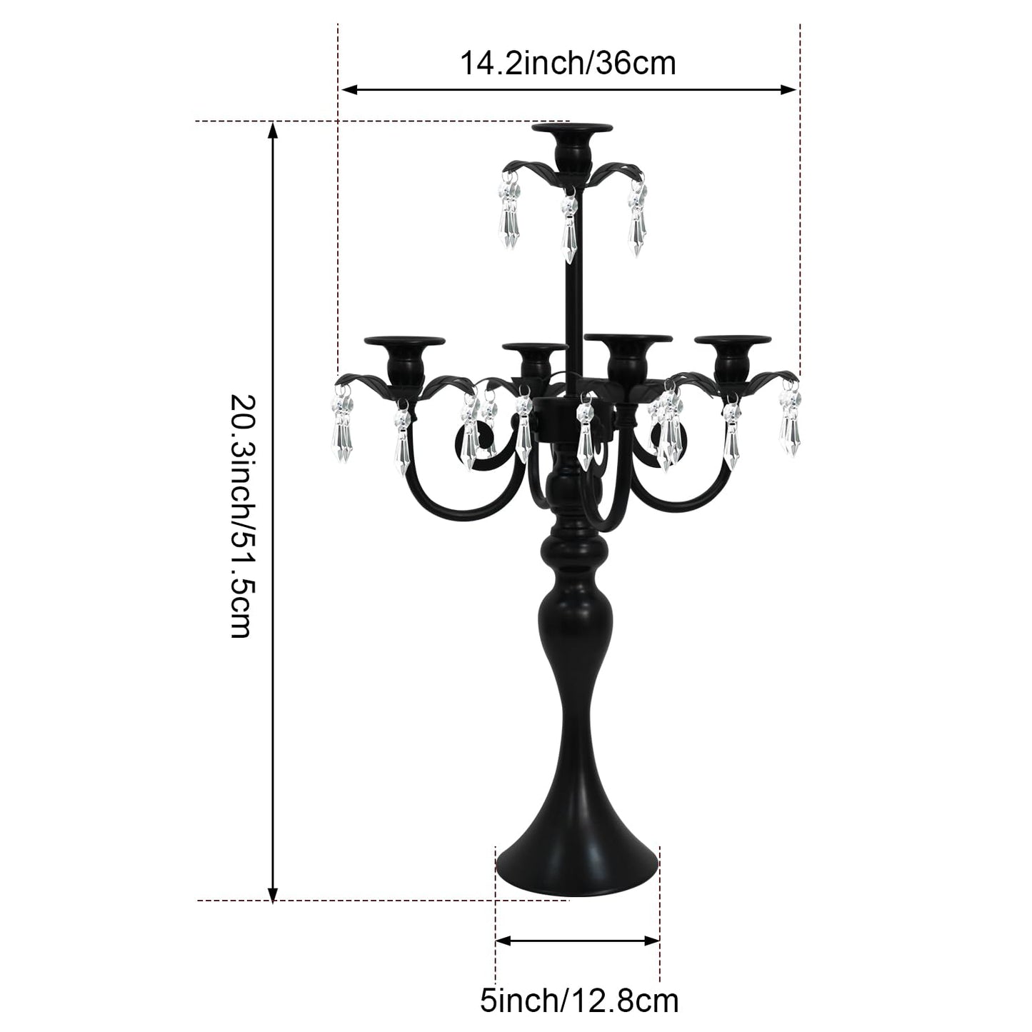 5 Arm Black Candelabra Centerpiece for Table, 20.3” Tall Metal Candlestick Candle Holder for Taper Candles, Gothic centerpieces for Tables, Wedding, Party, Reception (Black, 2pcs)