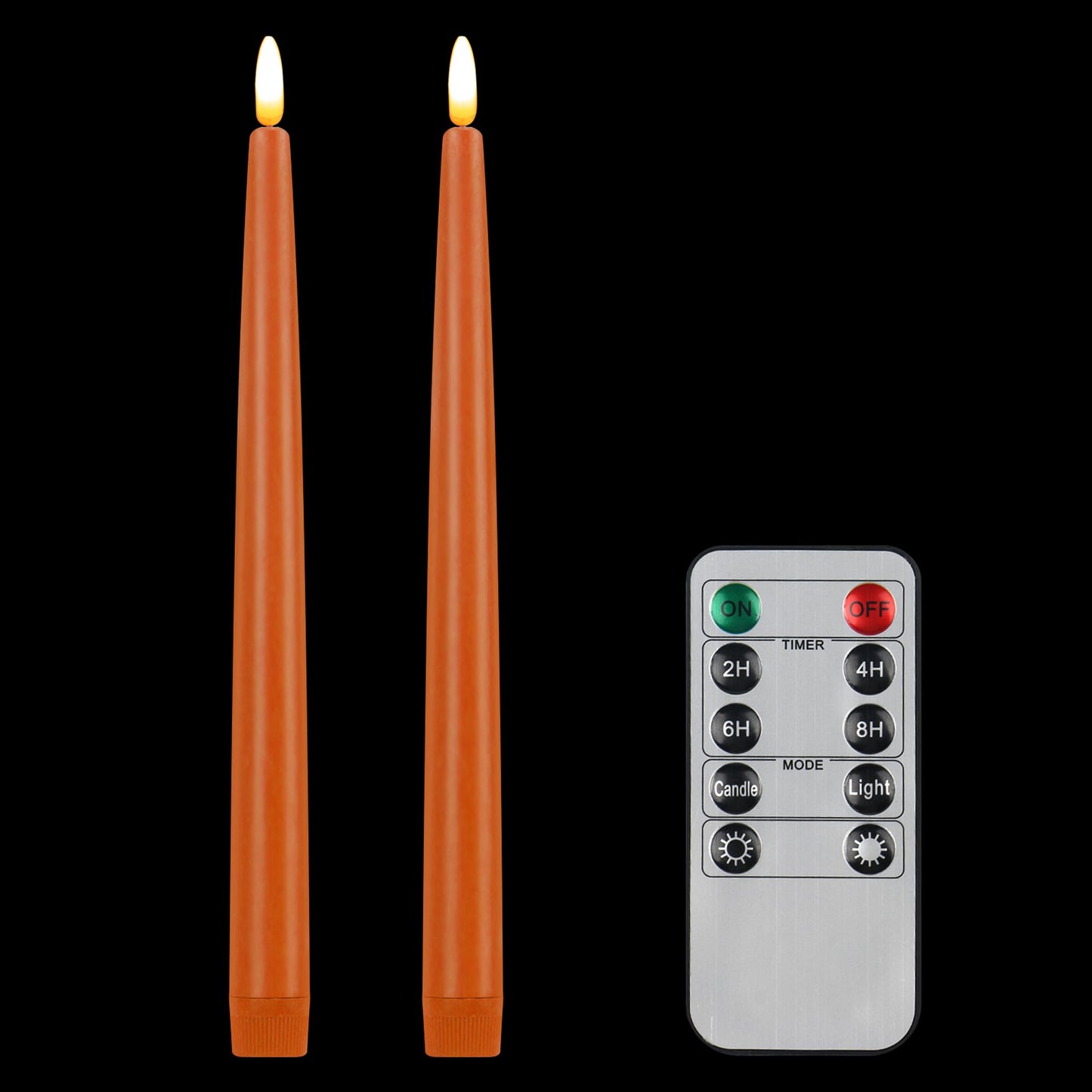 CVHOMEDECO. Flameless Taper Candles with 10-Key Remote, Battery Operated Led Flickering 3D Wick Window Candles Real Wax Finished Home Christmas Party Decor 0.78 x 11 Inch, Pack of 2 (Orange)