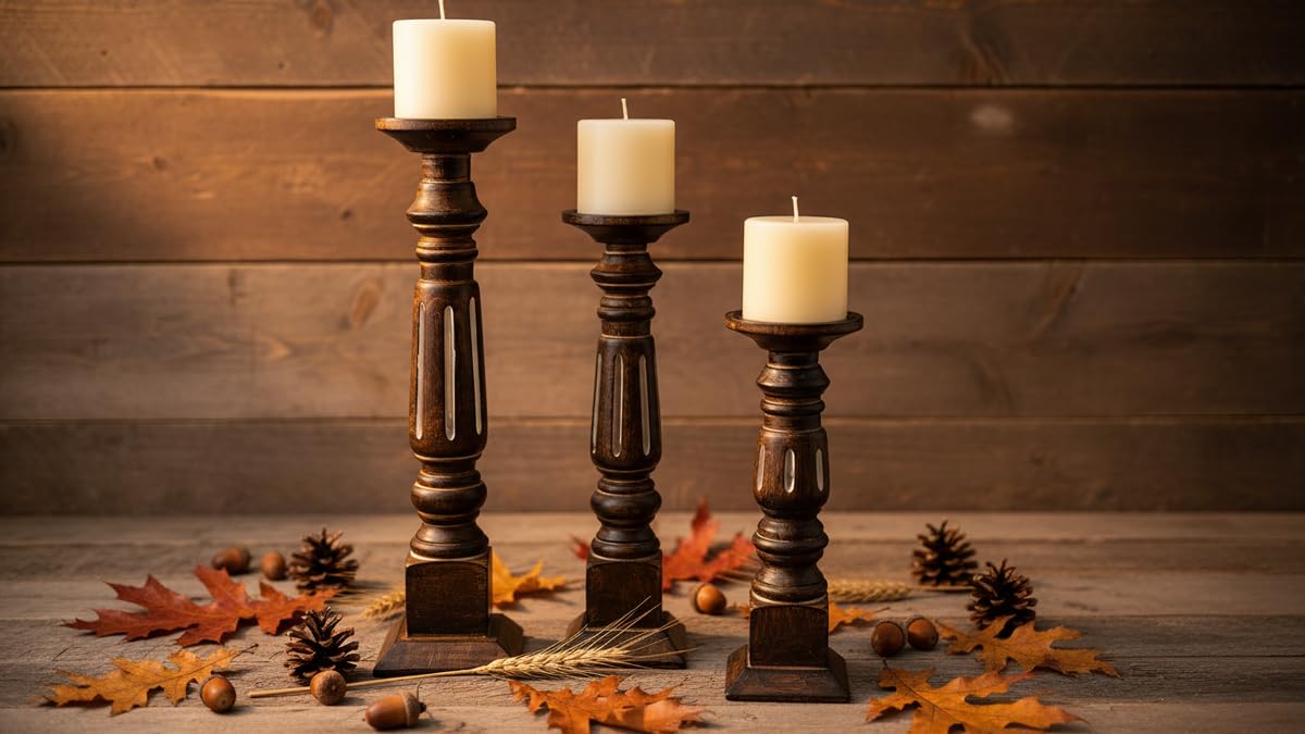 Pillar Candle Holders Set of 3, Candle Holders for Pillar Candle,Mango Wood Candle Holder for Coffee Dining Table, Wedding, Christmas, Halloween, Home Decoration,Brown