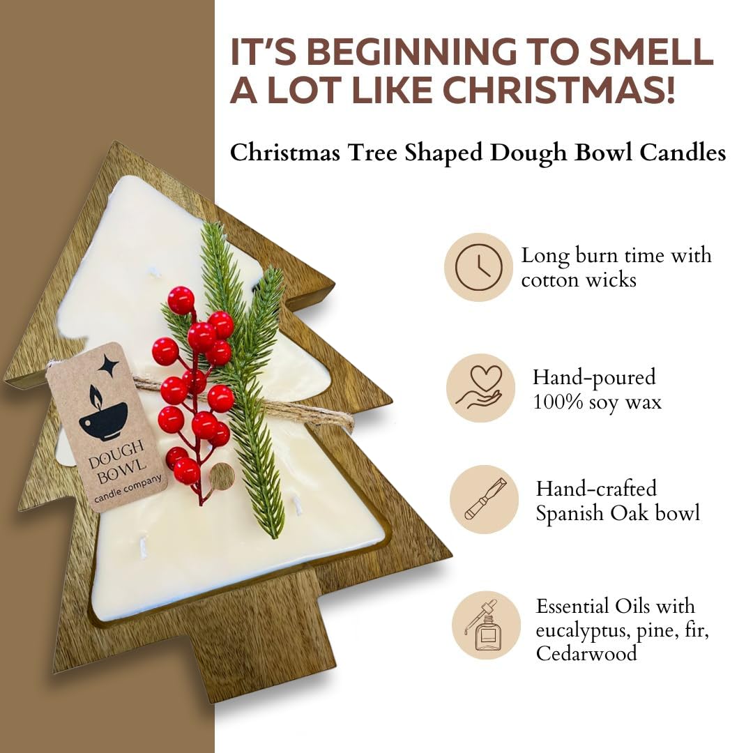 Dough Bowl Candle Co. Christmas Tree Shaped Candle - 14x10x2 6 Wick Brown Large Wooden Bowls for Decor, Mistletoe, Pine, Fir, Cedarwood Scented Decorative Wood Bread Bowl, Rustic Vegan Holiday Gift