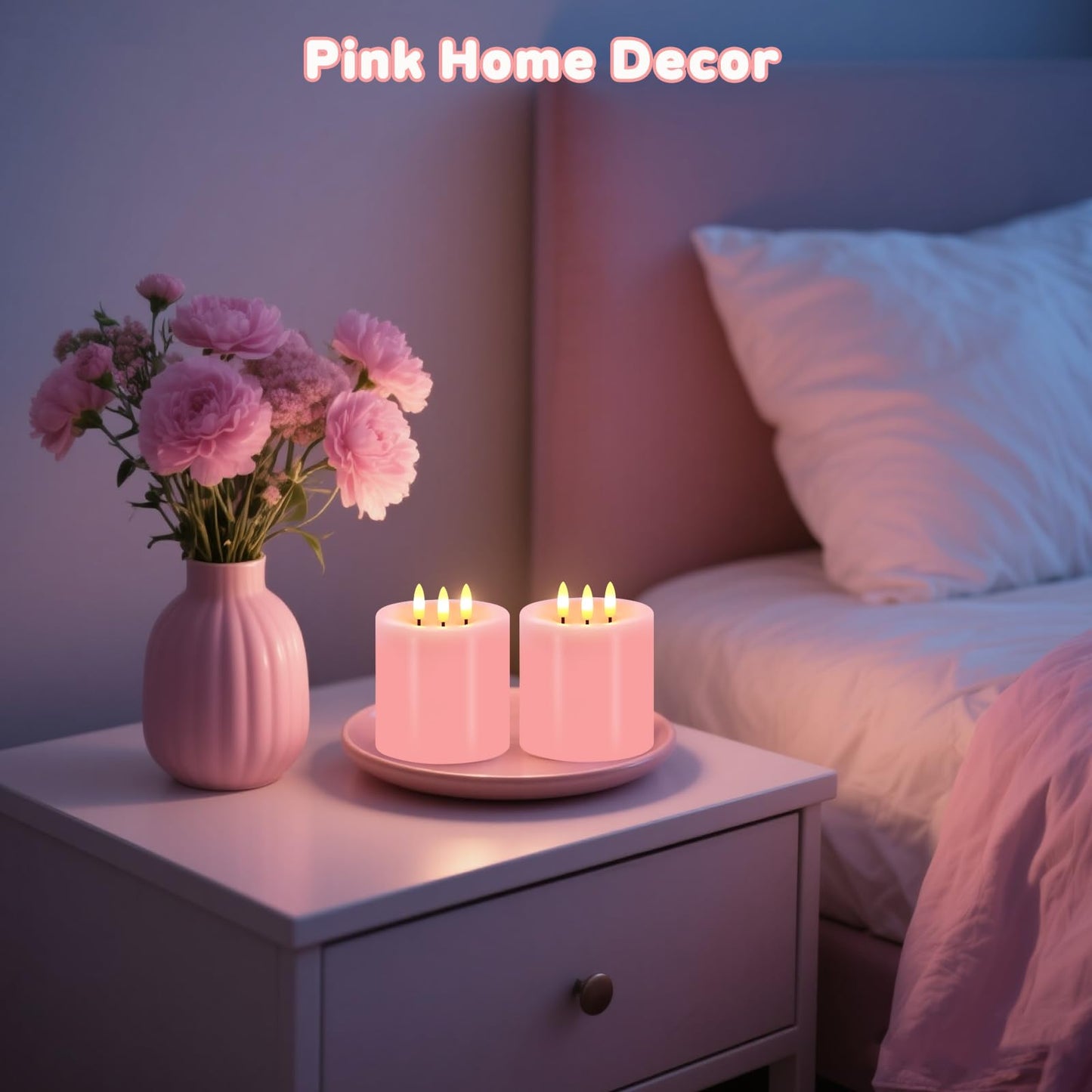 Large 3 Wick Flameless Candles Set of 2, 4"x4" Flickering Flameless Candles with Remote & Timer, Dimmable Real Wax LED Candles Battery Operated, Pink Pillar Candles for Wedding Valentine's Day Decor