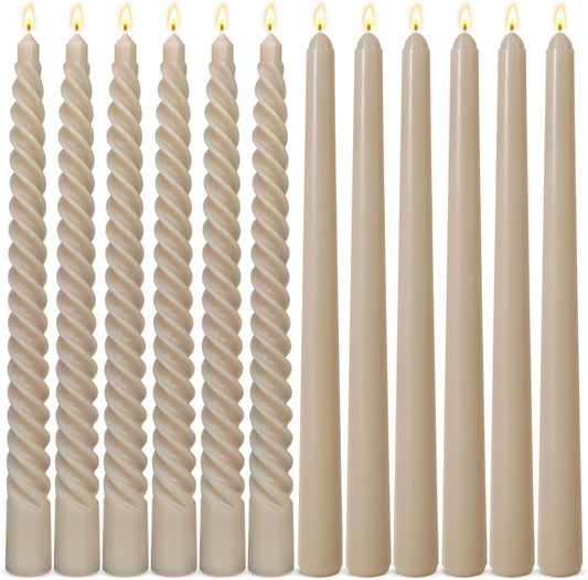 6 Pack Light-Mocha Taper Candles and 6 Pack Spiral Candles Set – 10 Inch Elegant Dripless Candlesticks for Weddings Dinners, Parties and Home Décor