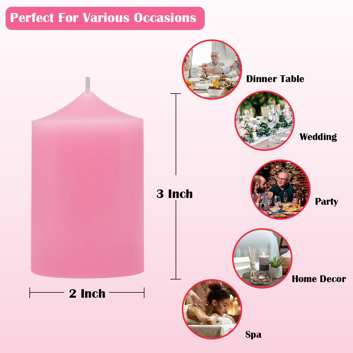 Small Unscented Pink Pillar Candles, 24 Hour 2x3 Inch Dripless Tapered Column Candles for Valentine's Day Home Party Holiday Dinner Table, Set of 8