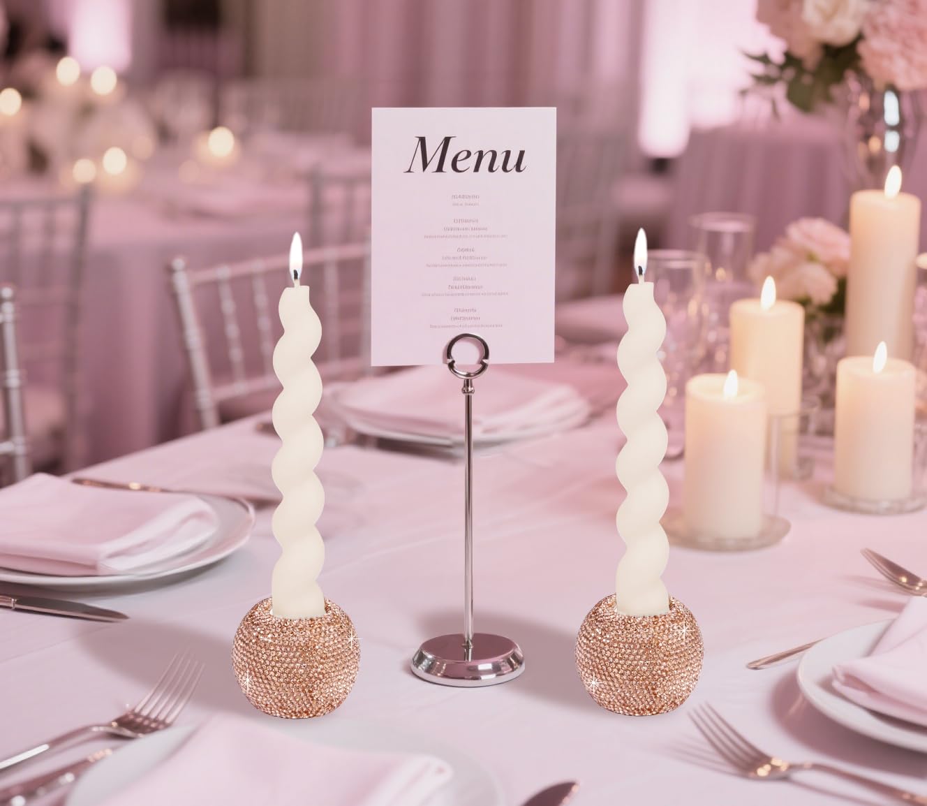 Vixdonos Round Resin Rhinestones Candlestick Holders Set of 3 Ceramic Candle Holder Bulk for Taper Candles,Rose Gold