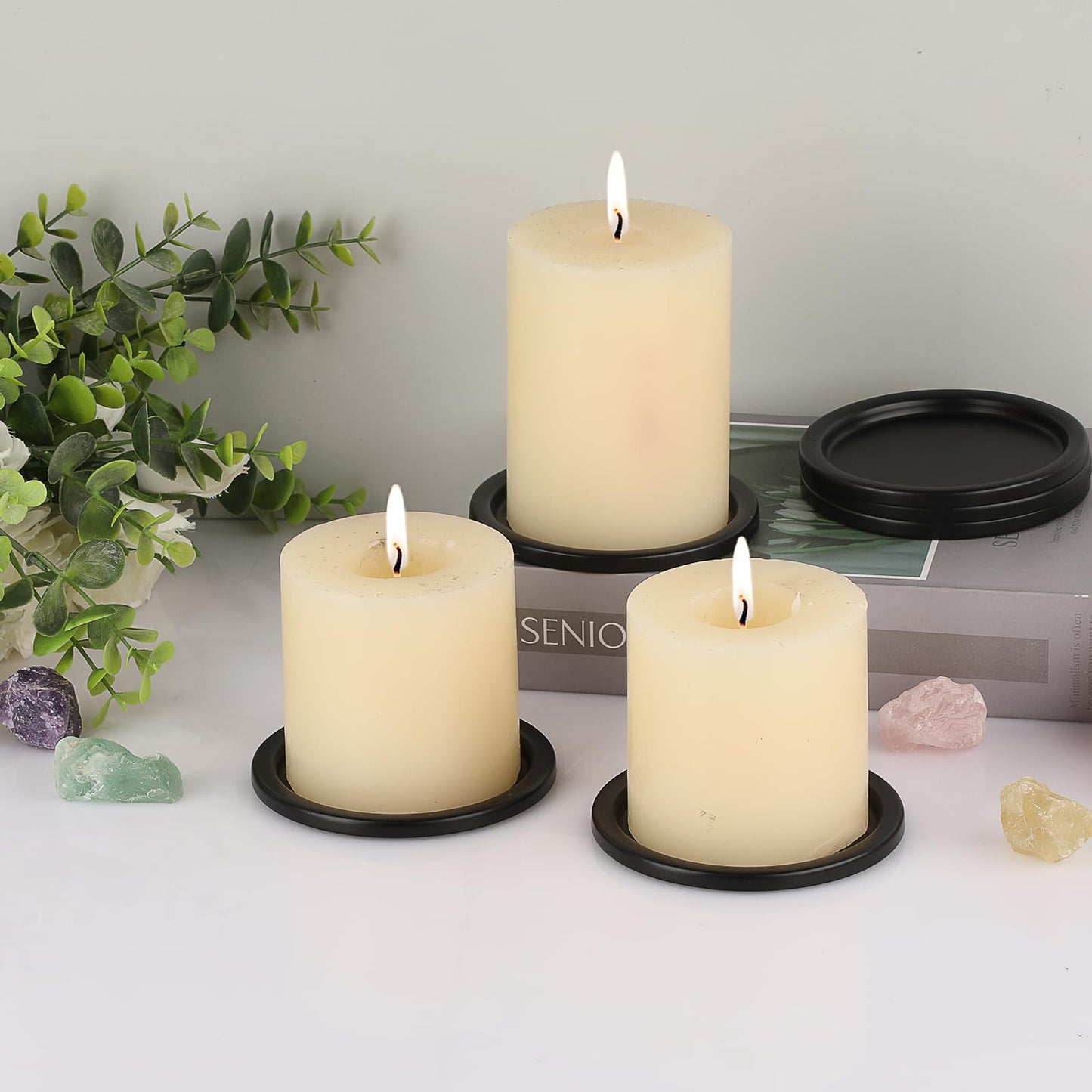 OwnMy 6PCS Iron Candle Holders for Pillar Candles, 3 Inch Metal Pillar Candle Plates and Trays, Small Round Tealight Holders Elegant Candle Stands Bases for Wedding Dining Table Centerpieces, Black