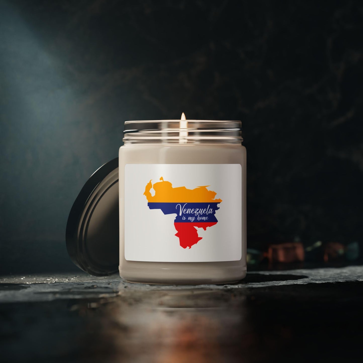 Venezuela is My Home Candle – Glass Jar with Flag-Colored Map & Script, Gift of Latin Pride & Identity