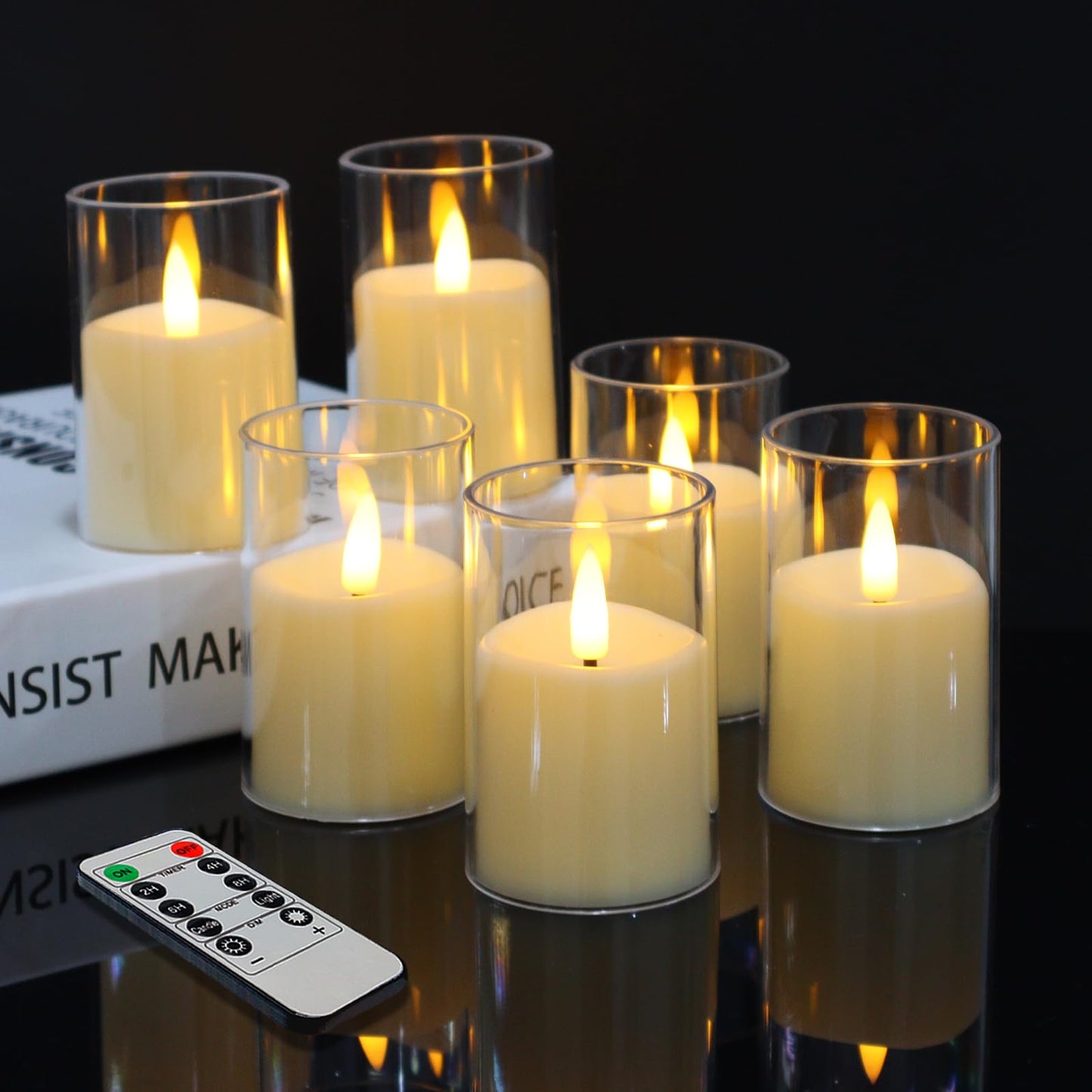 Kuandawei 6 Pack Flickering Flameless Votive Candles with Timer and Remote, Battery Operated Long Lasting 300+ Hours, Small Pillar LED Fake Candles for Wedding Home Decor, Acrylic Shell, 2" x 3"