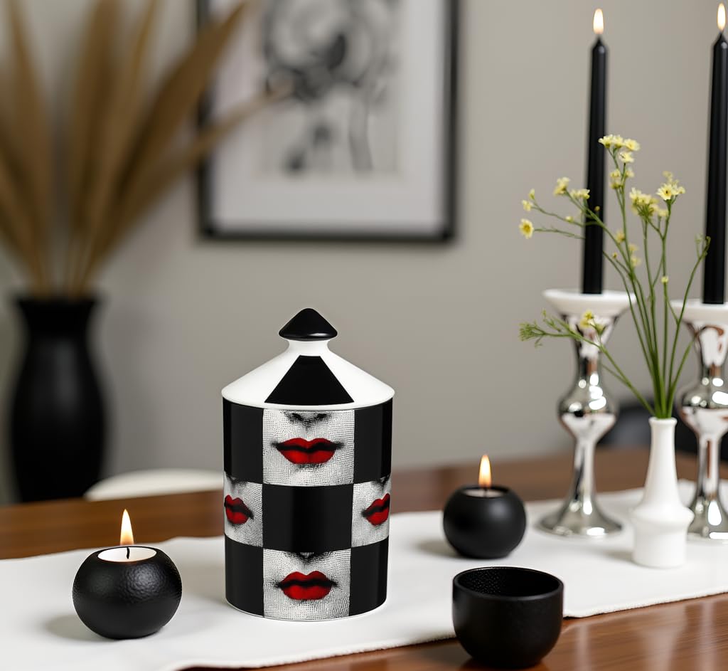 AlphaDesignLuxe Decorative Candle Holder Handcrafted Aromatherapy Candle Jar Italian Designer Décor Fashionable Tabletop Vase Modern Art Female Face Eyes Lips Centerpiece. (Red Lips Black Squares)