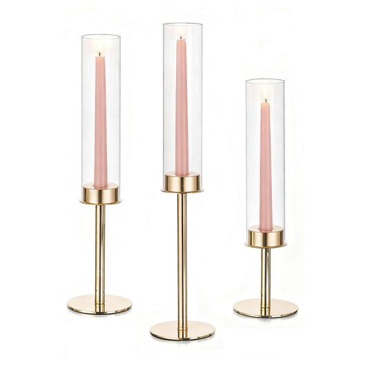 Glasseam Hurricane Gold Candle Holders: Set of 3 Brass Candlestick Holders for Taper Candles Modern Taper Candle Holder with Glass Clear Cylinder Glass Shade for Table Centerpiece Christmas Decor