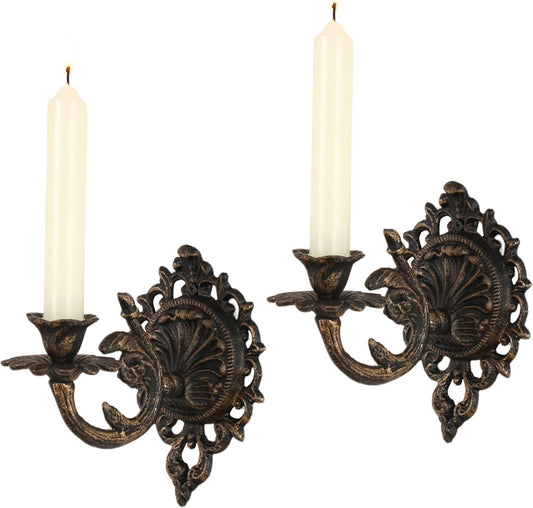 Antique Gold Wall Candle Holder Set of 2, Vintage Cast Iron Candle Wall Sconce for Living Room, Fireplace, Gothic Home Decor (Black & Gold)