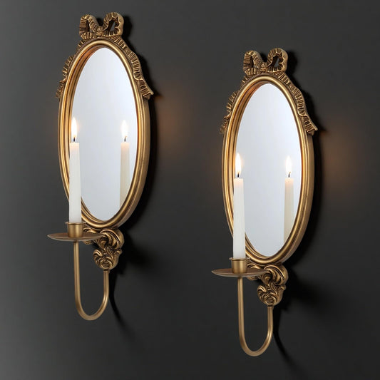 Vintage Gold Wall Sconce Mirror Candle Holders, Oval Decorative Mirrored Sconces with Candle Cup, 18.11 x 6.69inch, Set of 2, French Provincial Style Wall Mounted Candlestick Holders for Home Decor