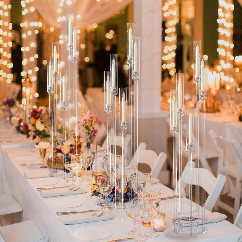 Fullvaseer 4pcs 5 Arm Acrylic Candelabra,Clear Candle Holder for Wedding,45.7inch Tall Floor Candle Holders for Ceremony Birthday Party Home Decoration Fit 0.8 LED Candles
