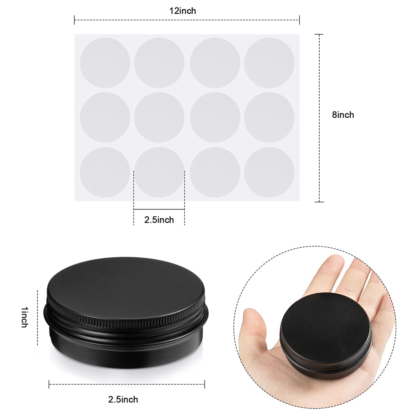 Patelai 2 oz Black Metal Round Tins Aluminum Tin Cans Salve Tins Containers with Screw Lid 10 Sheets Stickers for Salve Spice Candies Balms Candles, 36 Pack (Classic Style)