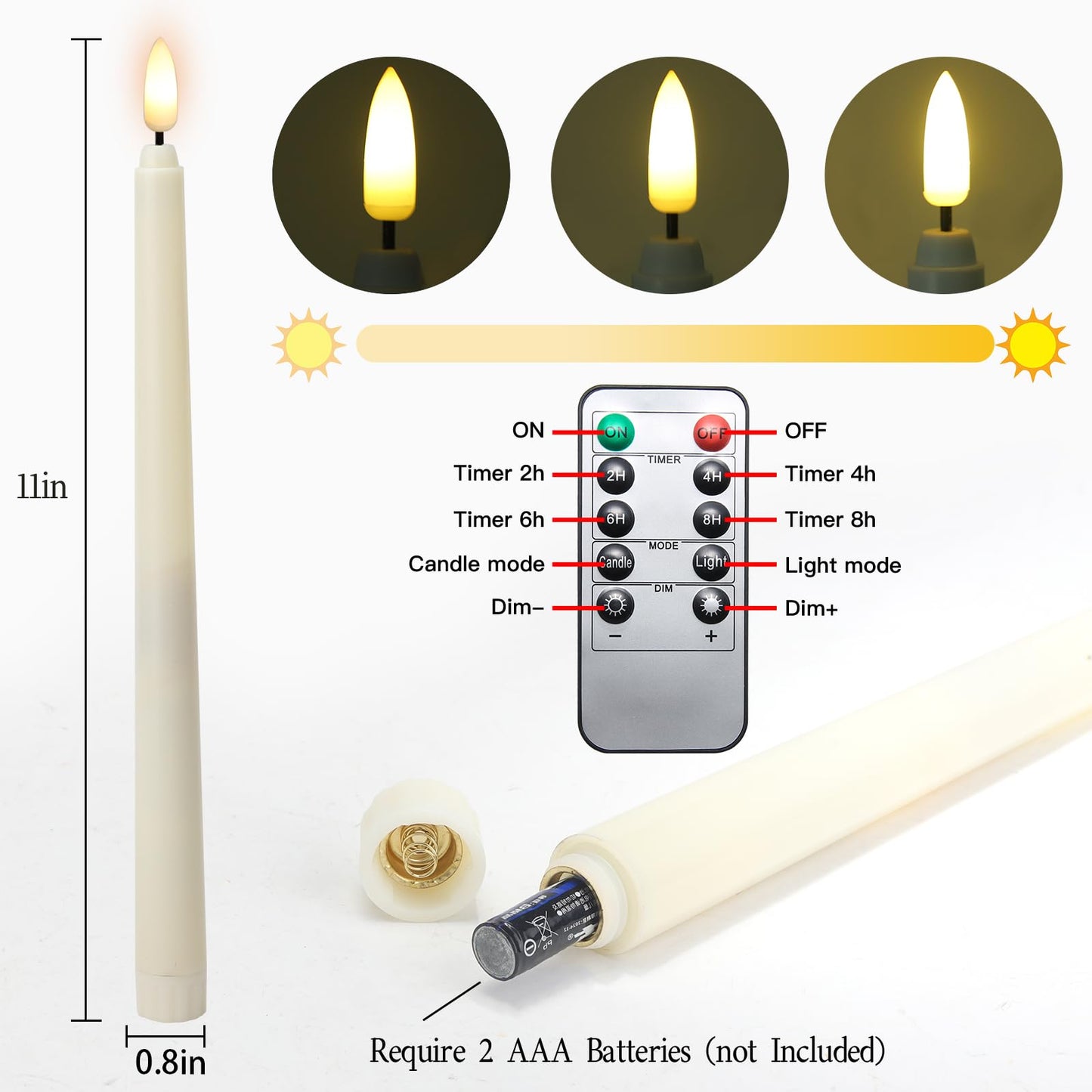 6 Pcs Flameless Ivory Taper Candles with Remote Timer Dimmer, Battery Operated CandleSticks with Flickering Light, Plastic 11 inches LED Window Candles, for Christmas Home Party Wedding Decor