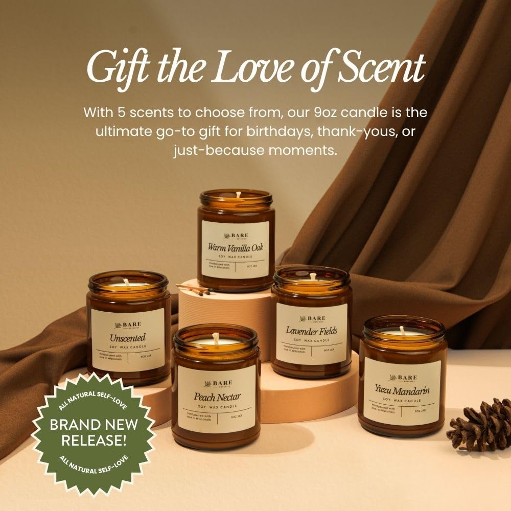 Bare Botanics Non-Toxic Unscented 9oz Soy Candle - 100% Plant-Based Fragrance Oils - Handpoured in WI - 40+ Hrs
