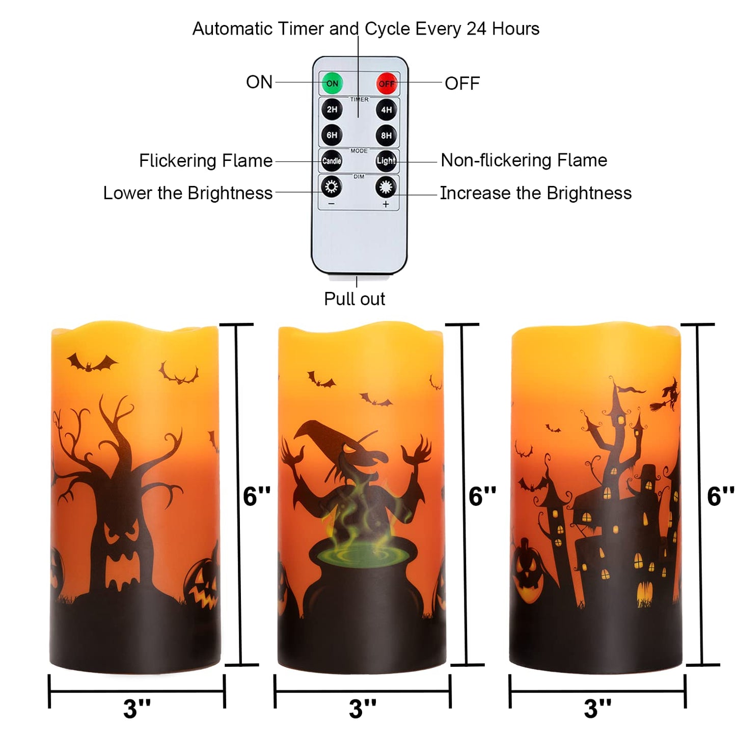 Homemory Halloween Candles, Orange Flameless Candles, Real Wax Flickering Battery Operated LED Pillar Candles with Remote Timers for Halloween Spooky Decoration, Day of The Dead, 3”x6”, Set of 3