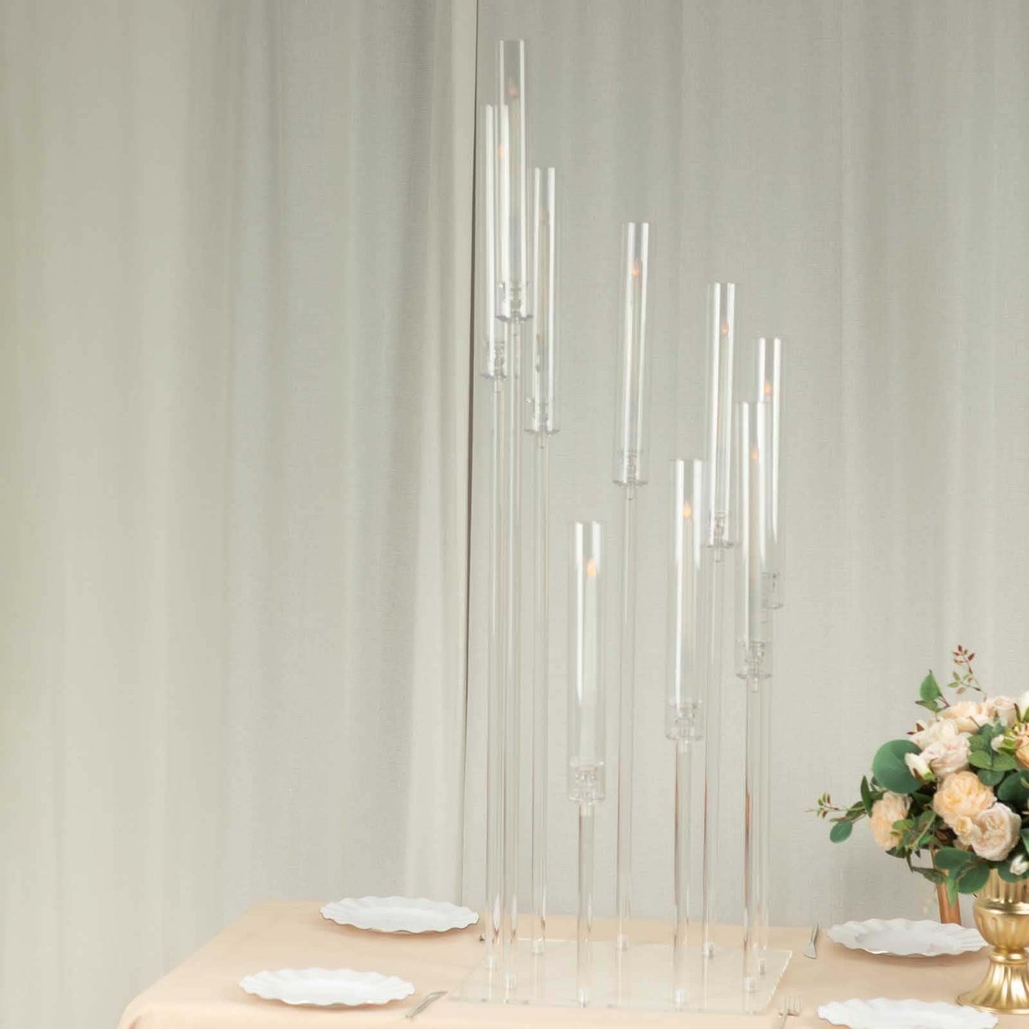 Efavormart 9 Arm Clear Acrylic Cluster Taper Candle Holder Candelabra, Pillar Candle Stick Stand with Square Base - 4ft Tall