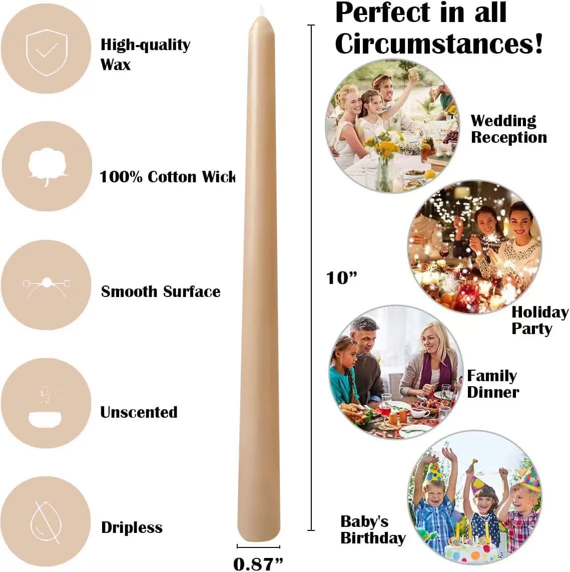 12-Pack Light-Mocha Taper Candles, 10 Inch Unscented Dripless Candlesticks, Long-Lasting Burn Time of 7-8 Hours, Perfect for Home Décor, Weddings, and Events
