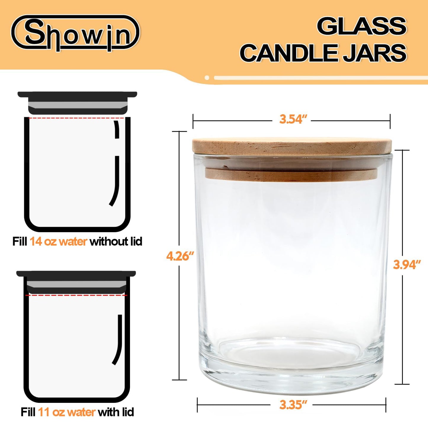 SHOWIN 14 OZ Thick Candle Jars for Making Candles 12 Pcs, 3 Wick Empty Jars with Wood Lids for Candle Making, Sample Container,Clear